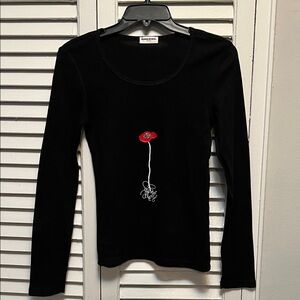 Sonia Rykiel Black Long Sleeve Top with Red Flower Detail size XS